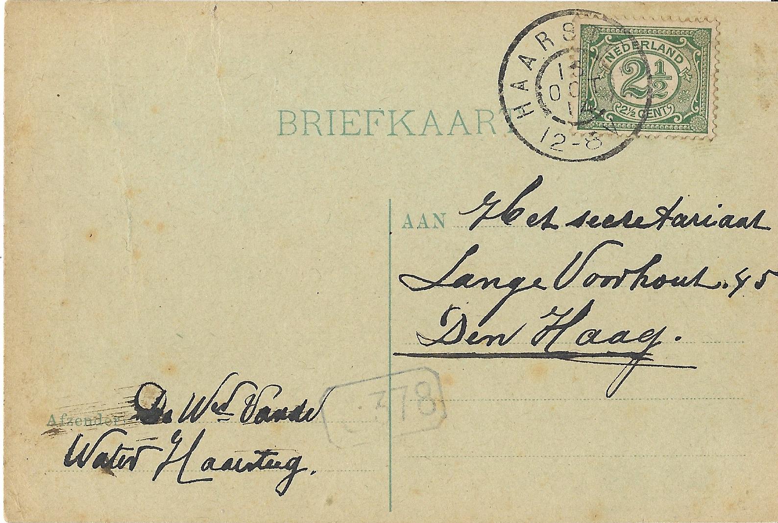 Briefkaart - van Weduwe van de Water - 1914
